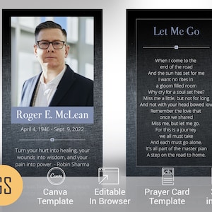 Canva 用黒の葬儀祈祷カード テンプレート、黒のつや消しメタルと青、人生のお祝い、思い出カード、男性用葬儀の記念品、3 x 5 インチ