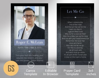 Funeral Prayer Card Template, Canva Template - Brushed Metal | Celebration of Life, Funeral Favor, Memory Card | 3x5 in