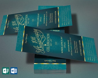 Teal Church Anniversary Ticket Template | Word Template, Publisher | Pastor Appreciation, Banquet Ticket | Size 3x7 in