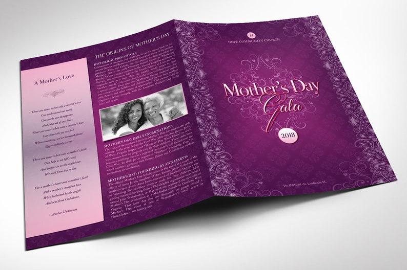 Mothers Day Gala Tabloid Program Template for Word and Publisher has 4 pages. The Banquet Program features a vintage purple decorative theme. The Church bulletin Print Size of 17x11 inches is Bi-Fold to 8.5x11 inches. Ideal program for Mothers Day