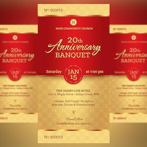 Red Gold Church Anniversary Banquet Ticket Template, Word Template, Publisher, Pastor Appreciation, Luncheon Ticket, 36 in image 2