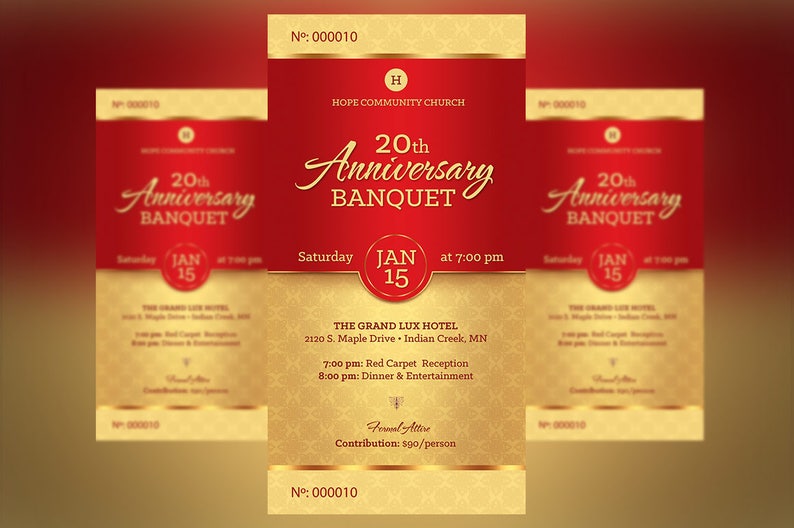 Red Gold Church Anniversary Banquet Ticket Template, Word Template, Publisher, Pastor Appreciation, Luncheon Ticket, 36 in image 2