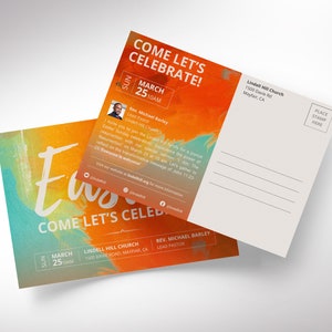 aster Sunday Church Postcard Template designed for Canva. Ideal for a church promotion and church invitation, this template comes in two sizes, 8.5x5.5 inches and the EDDM compliant size of 9x6.25 inches