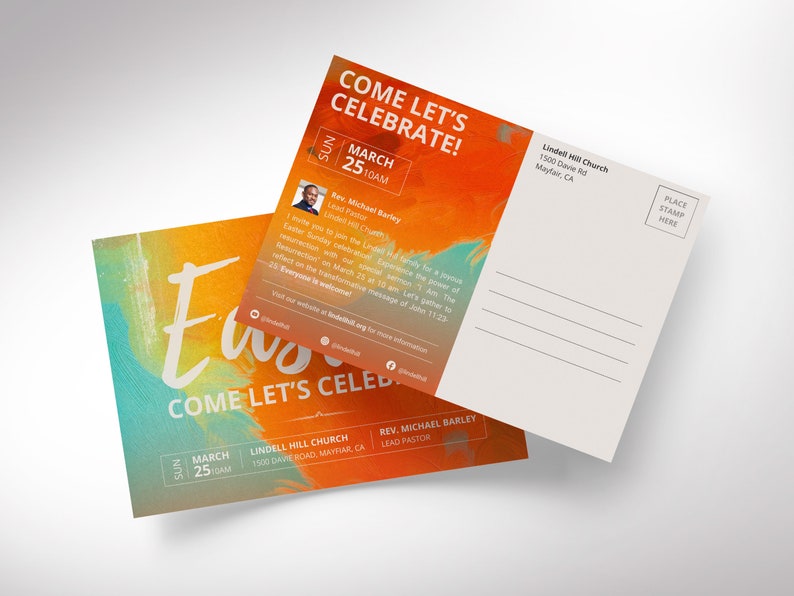 aster Sunday Church Postcard Template designed for Canva. Ideal for a church promotion and church invitation, this template comes in two sizes, 8.5x5.5 inches and the EDDM compliant size of 9x6.25 inches