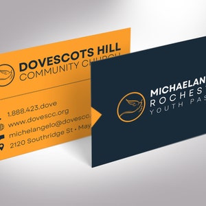 Modern Church Business Card Template for Canva is Size 3.5x2 inches. It features a blue and yellow color scheme. Great for church business cards and pastor business cards. The contrast between the bright and dark colors gives a minimalistic modern