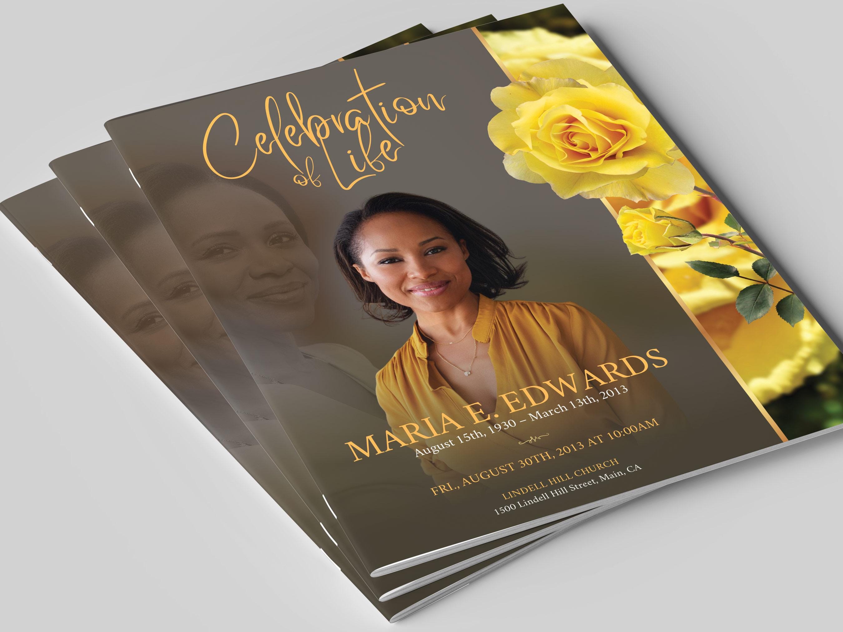 Yellow Roses Funeral Vector Yellow Rose Funeral Program Template for Canva: 8-page Bifold Memorial ...