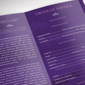 Purple Sky Funeral Program Legal Trifold Template for Canva features a purple flourishing landscape with beautiful ornaments, doves, and a pink sky. It is a Legal Size (Print Size 14x8.5 inches) and it Trifold to 4.75x8.5 inches.