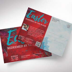 Redeemed Easter Church Postcard Template for Canva, designed with a red and blue floral background. Tailored for church promotions and invitations. The template offers flexibility with three sizes: 4x6, 5x7 in, and the EDDM compliant size of 9x6.5 in