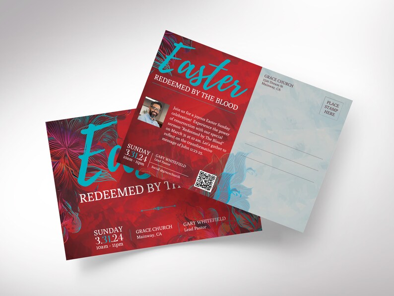 Redeemed Easter Church Postcard Template for Canva, designed with a red and blue floral background. Tailored for church promotions and invitations. The template offers flexibility with three sizes: 4x6, 5x7 in, and the EDDM compliant size of 9x6.5 in