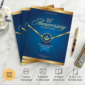 Blue & Gold Anniversary Gala Program Template: 4 Page Church Event Bulletin (8.5x11) Digital Download