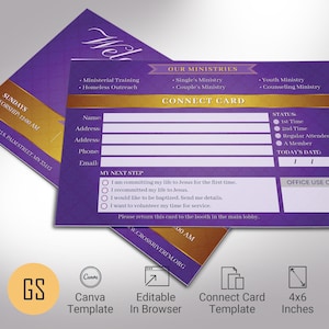 Modelo de cartão de visitante da igreja para Canva, ouro roxo - v2, boas-vindas da igreja, cartão de conexão, novo convidado aqui | 2 lados | Tamanho do corte 6x4 polegadas