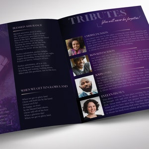 A magazine-style funeral program. Twilight Tabloid Funeral Program Template for Canva (8 pages, 17x11 inches, bifold to 8.5x11 inches). This expressively designed twilight purple celebration of life bi-fold brochure