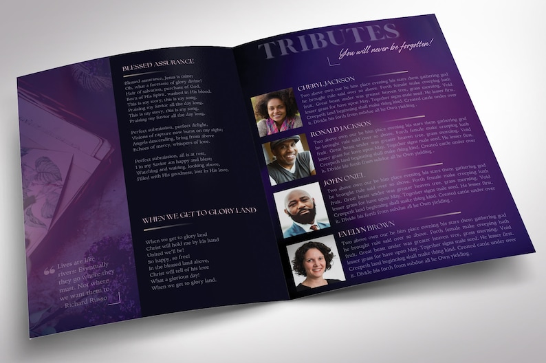 A magazine-style funeral program. Twilight Tabloid Funeral Program Template for Canva (8 pages, 17x11 inches, bifold to 8.5x11 inches). This expressively designed twilight purple celebration of life bi-fold brochure