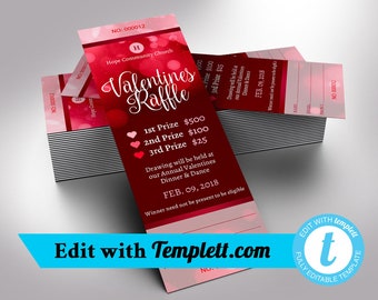 Red Pink Heart Valentines Day Raffle Ticket Template for Templett, Fundraiser Banquets, Instant Download, 2x6 inches