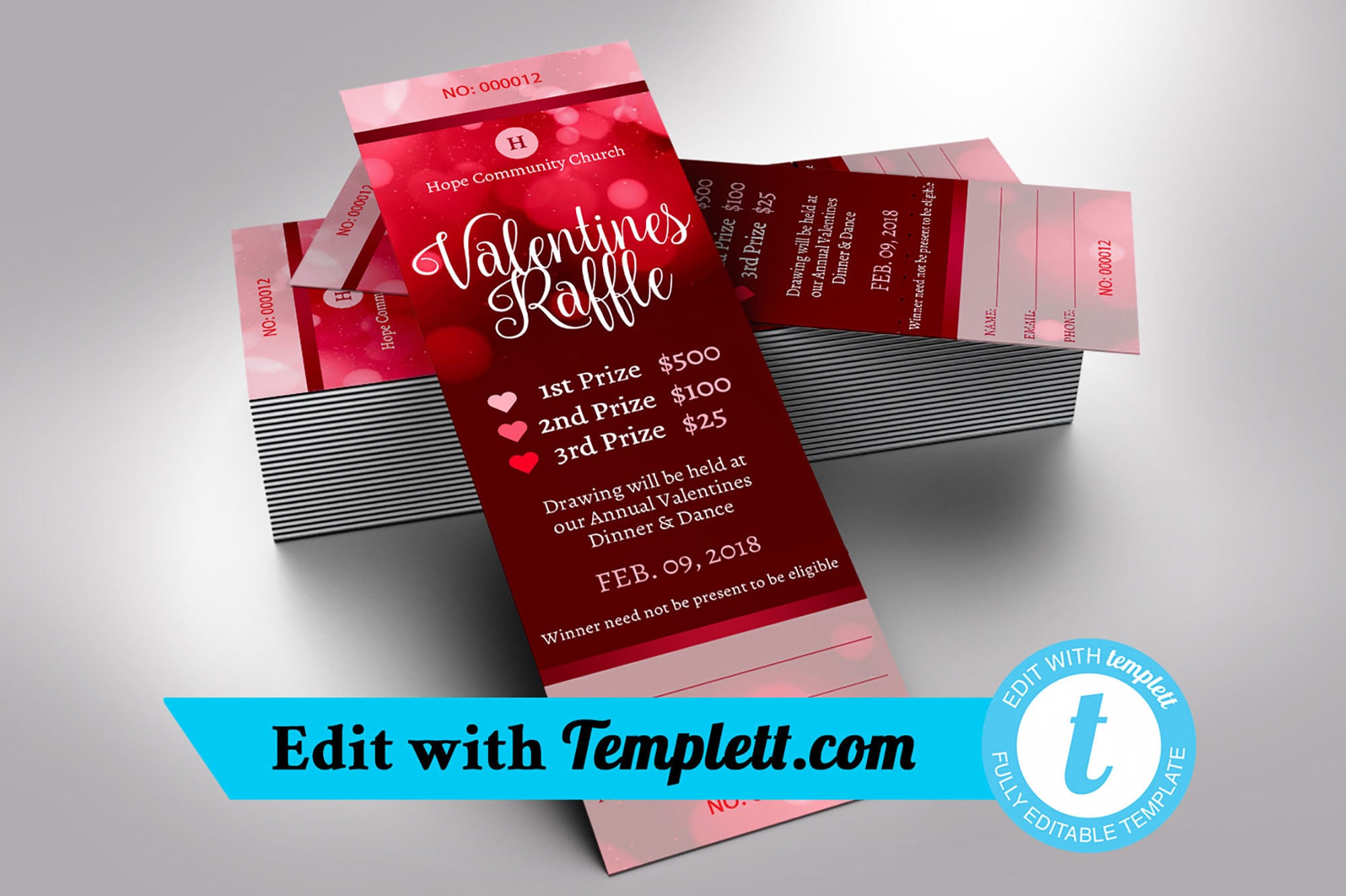 Valentine's Raffle Graphics Valentine's Day Raffle Ticket Template for Templett: Red Hears ...