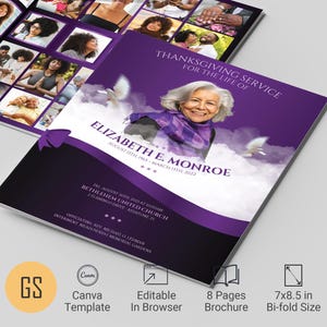 Purple Ribbon Funeral Program Template: Celebration of Life (Canva, 7x8.5&quot;, Digital Download)