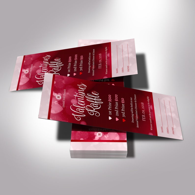 Red Pink Valentines Day Raffle Ticket Template, Word Template, Publisher, Fundraiser Event, Size 2.25x6 inches image 2