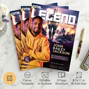 Gamer Funeral Program Template: 8 Page Purple & Gold, Magazine Style Obituary (Canva 8.5x11" Digital Download)