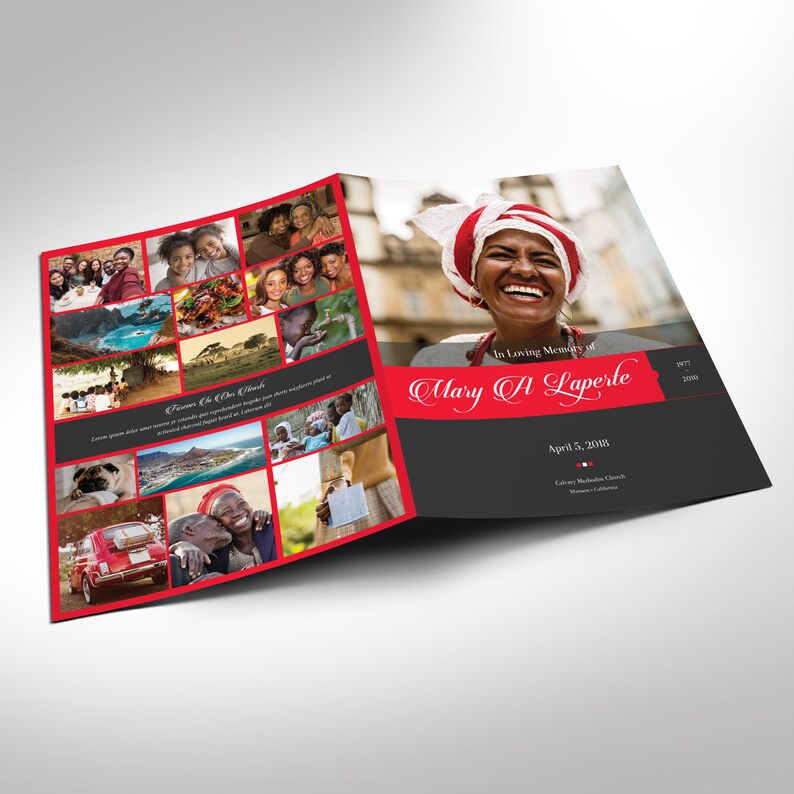 Remember Red Funeral Program Word and Publisher Tabloid Template has 8 pages. The red and black solid-colored shapes with beautiful typography make this a great keepsake. The Print Size is 17 x 11 inches, and the Bi-Fold Size is 8.5 x 11 inches.