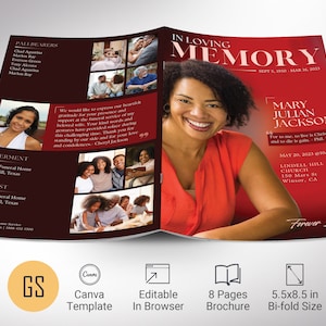 Red Dawn Funeral Program Template, Canva Template Magazine Style, Celebration of Life, 8 Pages, 5.5x8.5 inches image 1