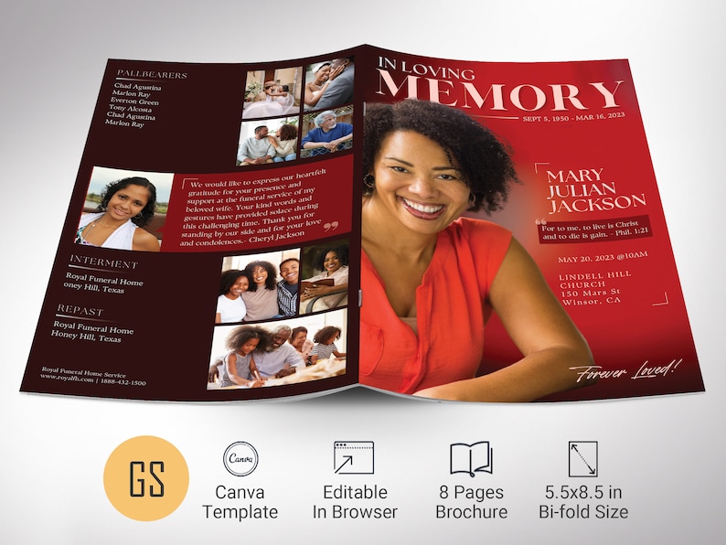 Red Dawn Funeral Program Template, Canva Template Magazine Style, Celebration of Life, 8 Pages, 5.5x8.5 inches image 1