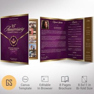 Purple & Gold Anniversary Program Template: 8-Page Gala (Canva, 8.5x11&quot;, Digital Download))