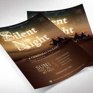 Silent Night Christmas Flyer Template for Canva. This template features a captivating silhouette of the three wise men and guided by the radiant Star of Bethlehem. Available in four versatile sizes (5x5, 5x7, 5.5x8.5, and 8.5x11 inches),