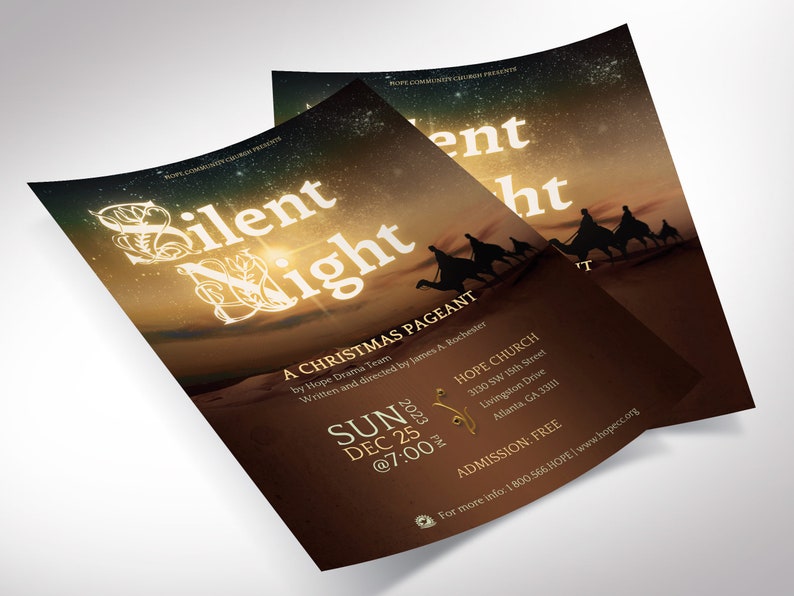 Silent Night Christmas Flyer Template for Canva. This template features a captivating silhouette of the three wise men and guided by the radiant Star of Bethlehem. Available in four versatile sizes (5x5, 5x7, 5.5x8.5, and 8.5x11 inches),