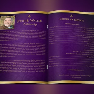 Purple Gold Regal Funeral Program Template Word Template, Publisher Celebration of Life 8 Pages 5.5x8.5 inches image 2