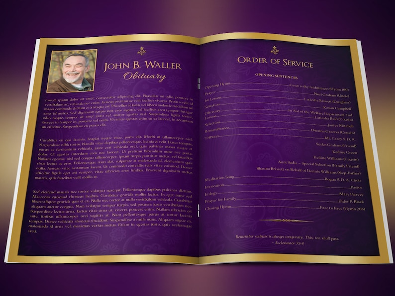 Purple Gold Regal Funeral Program Template Word Template, Publisher Celebration of Life 8 Pages 5.5x8.5 inches image 2