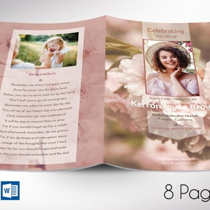 May include: A pink and white floral themed memorial booklet with a photo of a young woman on the front cover. The booklet is titled "Celebrating the life of Kerron Joyce Brown" and includes the dates 2 January 1993 - 21 February 2005. The booklet also includes the name of the church, Bethel Methodist Church, Fairway, California, and the date of the service, Saturday, 12th March 2011.