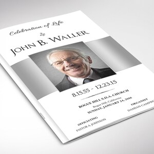 White Silver Funeral Program Template: Celebration of Life, Obituary, (Word, 5.5x8.5 Digital Download)