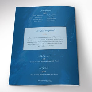 Blue Marble Funeral Program Template for Canva has 8 Pages. A modern Celebration of Life bi-fold brochure that has blue and brown decals laid over a decorative blue marble background. The Print Size of 11x8.5 inches is Bi-fold to 5.5x8.5 inches.