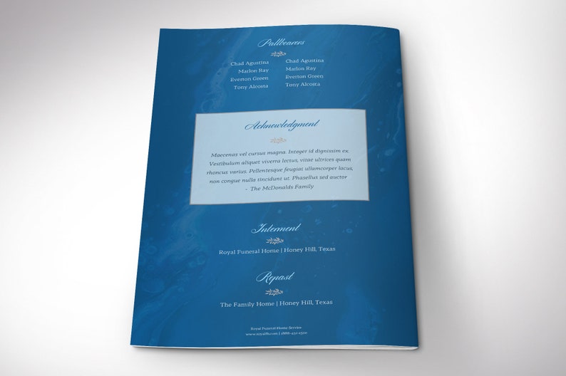 Blue Marble Funeral Program Template for Canva has 8 Pages. A modern Celebration of Life bi-fold brochure that has blue and brown decals laid over a decorative blue marble background. The Print Size of 11x8.5 inches is Bi-fold to 5.5x8.5 inches.