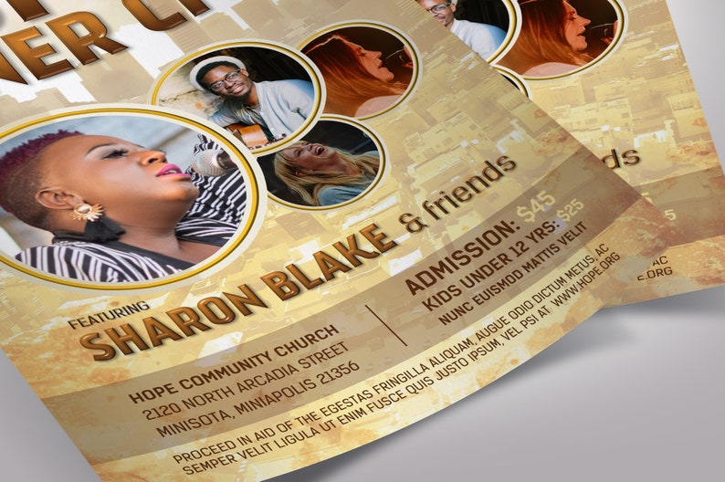 Gospel Concert Flyer Template for Word and Publisher. Measuring 5.5x8.5 inches, this versatile concert invitation features a rustic cityscape and photo placeholders for up to four guest artists, making it perfect for gospel concerts, talent shows