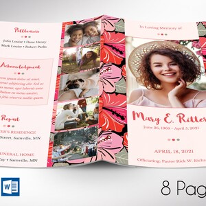 May include: A pink and red floral patterned funeral program with a photo of a woman in a straw hat. The program includes the name Mary E. Ritter, dates of birth and death, and the date of the funeral service. The text "In Loving Memory of" is at the top of the program.