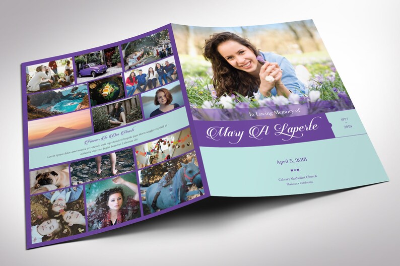 Purple Teal Tabloid Funeral Program Template Word Template, Publisher Celebration of Life 4 Pages 11x17 inches image 2