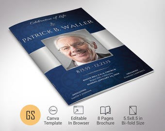 Congress Blue Funeral Program Template: 8 Page Bifold Memorial Obituary Canva (5.5x8.5) Digital Download