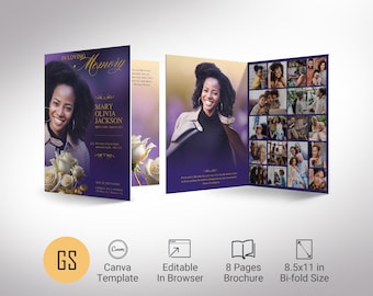 Classic Rose Tabloid Funeral Program Template, Canva, Purple Gold, Magazine-Style, Obituary Template, Celebration of Life, 8 Pages, 11x17 in