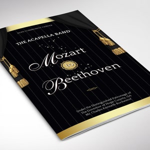 The Musical Event Program Template for Canva has 4 Pages. It features a black and gold background with gold decals and a pair of tassels. The Print Size of 11x8.5 inches is Bifold to 5.5x8.5 inches. The concert program is a bi-fold brochure