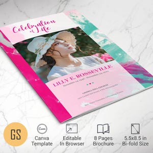 May include: A bi-fold brochure template titled Celebration of Life featuring a photograph of a person in a straw hat. The design includes pink and teal watercolor accents, the name Lilly E. Rosseville, dates, and location details in 5.5x8.5 inches.