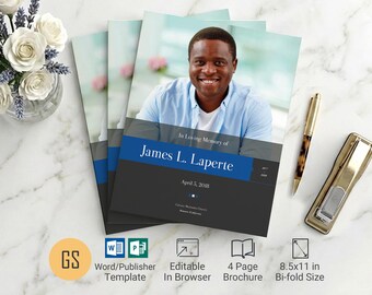 Royal Blue & Black Funeral Program Template | Word and Publisher: 4 Page Bifold Obituary (8.5x11)