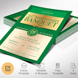 Elegant Green & Gold Church Gala Invitation: Victorian Style (Canva Template Digital Download)