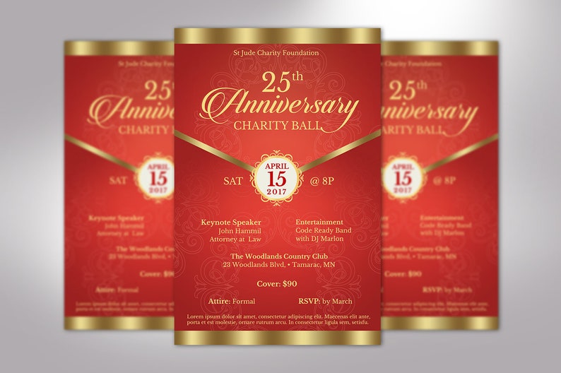 Red Gold Anniversary Gala Flyer Publisher Word Template Etsy
