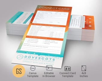 May include: A connect card template for Dovescots Community Church. The card is 4x9 inches and features a watercolor background with orange and blue hues. The card includes sections for contact information, family details, and visitation status. The text "Connect with God & People" is printed at the bottom.
