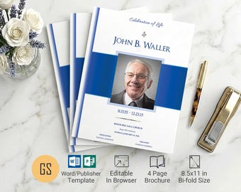 Blue & White Funeral Program Template | Word and Publisher: 4 Page Bifold Obituary (8.5x11")
