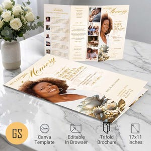 Plantilla para programa funerario de la Rosa Blanca: obituario tríptico beige y dorado (Canva, 11 x 17) Descarga digital