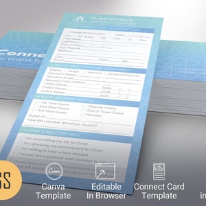 Modelo de cartão de conexão azul Canva, cartão de boas-vindas da igreja em tons pastel, registro de visitantes, novo convidado, editável para impressão, suporte digital 4 x 9 pol.