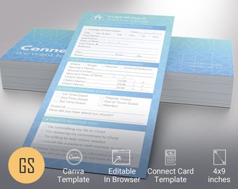 Crystal Blue Connect Card Template, Canva Template | Church Welcome Card, Visitor Registration | 2 Sides | Size 4x9 in