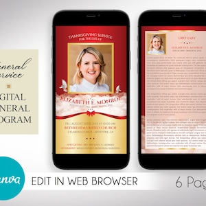 Canva 用 Red Ribbon デジタル葬儀プログラム テンプレート、携帯電話用パンフレット、人生の祝賀、女性の死亡記事、1080 x 1920 ピクセル